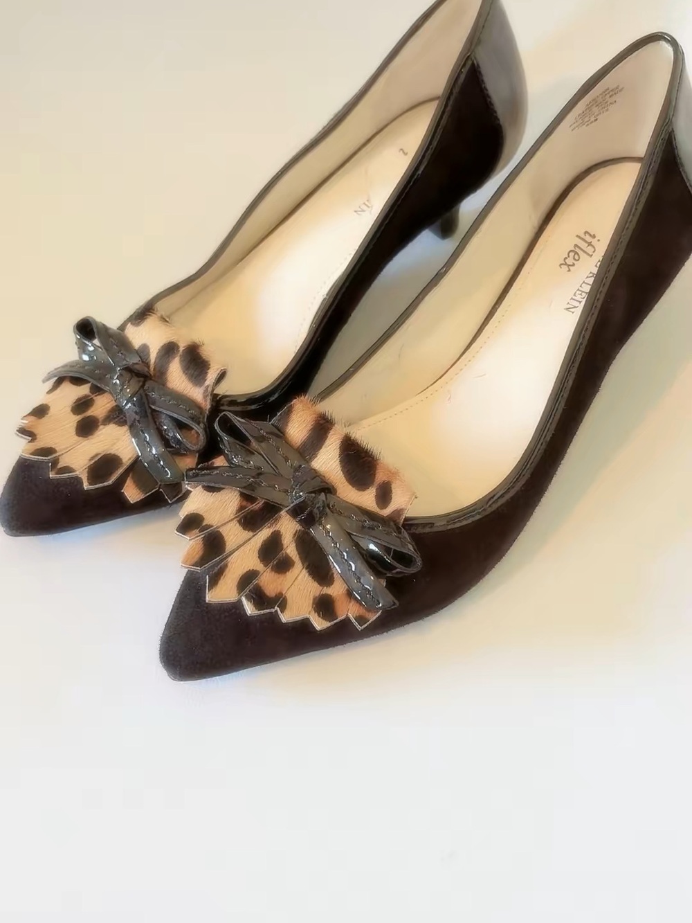 Anne Klein Calf Hair Leopard Print Black Kitten Heel Mules Leather